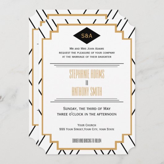 モノグラムブラック、金ゴールドとホワイトアールデコ結婚ズ 招待状 (正面/裏面)