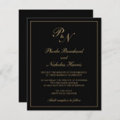 モノグラムブラック&金ゴールド予算結婚式招待状 (正面/裏面)