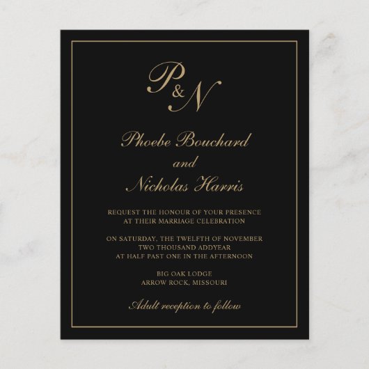 モノグラムブラック&金ゴールド予算結婚式招待状 (正面)