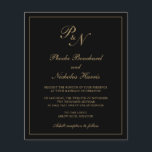 モノグラムブラック&金ゴールド予算結婚式招待状<br><div class="desc">スタイル予算伝統的結婚式招待状は、2つのシンプルイニシャルモノグラムと薄い中の書の中にあなたの名前とクラシックのデザインを備えエレガントてのと縁ど。すべてのデザイン要素はフェイク、黒い背景の上の金ゴールドにあり、デザイン編集ツールで変更できる。この上品なデザインはAのにフォーマル最適で結婚ある。</div>