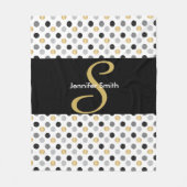 モノグラムブラック、金ゴールド、シルバー水玉模様 フリースブランケット (正面)