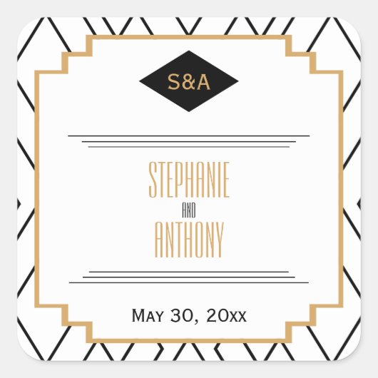 モノグラムブラック、金ゴールド、ホワイトアールデコありがとう スクエアシール (正面)