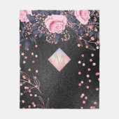 モノグラムブラックROSEGOLDピンクメタリックグリッターガール フリースブランケット (正面)