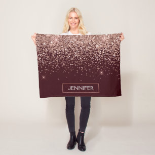 モノグラムブルグンディ赤面ピンクローズ金ゴールドグリッター フリースブランケット