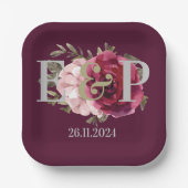 モノグラムブルゴーニュ赤面フローラウェディングパーティー ペーパープレート (正面)