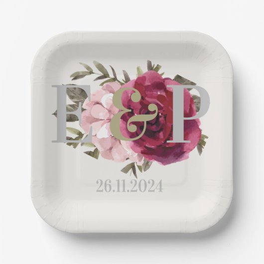 モノグラムブルゴーニュ赤面フローラウェディングパーティー ペーパープレート (正面)