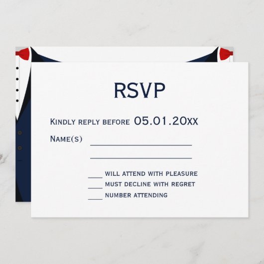 モノグラムブルーとホワイトゲイウェディングRSVPカード5x7 招待状 (正面/裏面)