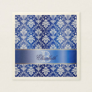 モノグラムブルーとホワイトダマスク スタンダードカクテルナプキン