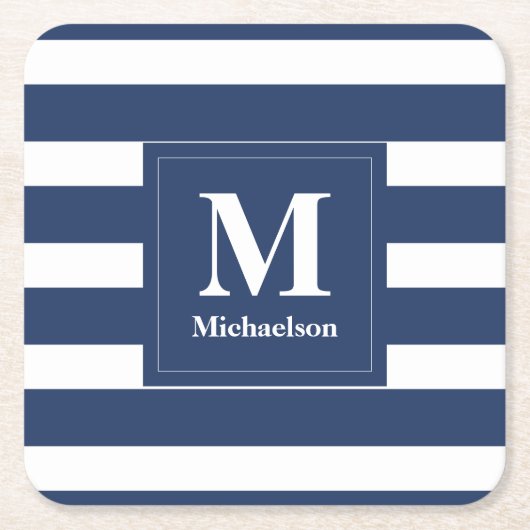 モノグラムブルーと白ストライプの スクエアペーパーコースター (正面)
