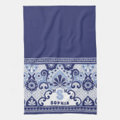 モノグラムブルーと白メキシコのタラベラのタイル キッチンタオル (縦)