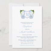 モノグラムブルーアンドホワイト男の赤ちゃん《キリスト教》洗礼式や命名式 招待状 (正面)