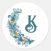 モノグラムブルーイエローホリデースワッグデコール ラウンドシール (正面)