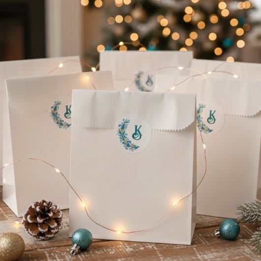 モノグラムブルーイエローホリデースワッグデコール ラウンドシール