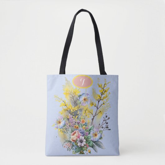 モノグラムブルーウォーター春の花ブーケ トートバッグ (正面)