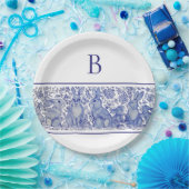 モノグラムブルーウサギお洒落のカスタム ペーパープレート (パーティー)