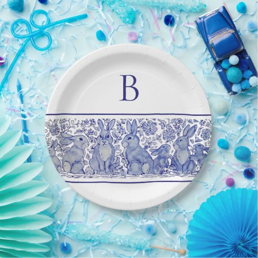 モノグラムブルーウサギお洒落のカスタム ペーパープレート (パーティー)
