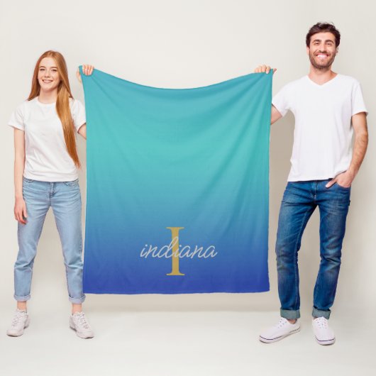 モノグラムブルーターコイズモダンスクリプト名 フリースブランケット (インサイチュ)