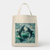 モノグラムブルーティール（緑がかった色）ドルフィンズ海 | トートバッグ (裏面)