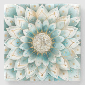 モノグラムブルーティール（緑がかった色）金ゴールドフローラ曼荼羅 ストーンコースター (正面)