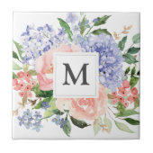 モノグラムブルーピンクアジサイ牡丹春フローラ タイル (正面)