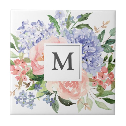 モノグラムブルーピンクアジサイ牡丹春フローラ タイル (正面)