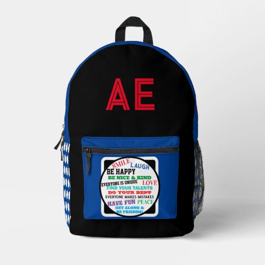 モノグラムブルーホワイト水玉模様 やる気を起こさせる プリントバックパック (正面)