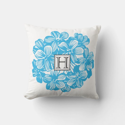 モノグラムブルーボタニカルアジサイの花 クッション (正面)