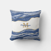 モノグラムブルーマーブルアゲート金ゴールドグリッター クッション (正面)