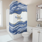 モノグラムブルーマーブルアゲート金ゴールドグリッター シャワーカーテン (インサイチュ)