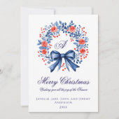 モノグラムブルーレッドリースクリスマス シーズンカード (正面)