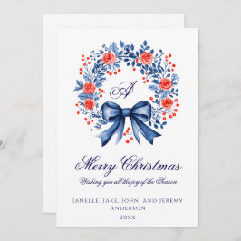 モノグラムブルーレッドリースクリスマス シーズンカード