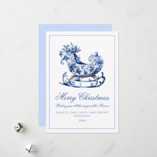 モノグラムブルーレッドリースクリスマス シーズンカード (正面/裏面インサイチュ)