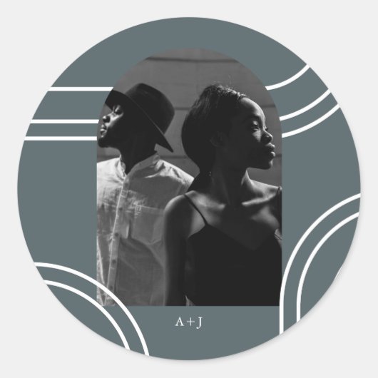 モノグラムブルー写真とシックなアーチ結婚ズ ラウンドシール (正面)