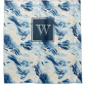 モノグラムブルー抽象芸術波ビーチパターンシャワー シャワーカーテン (正面)