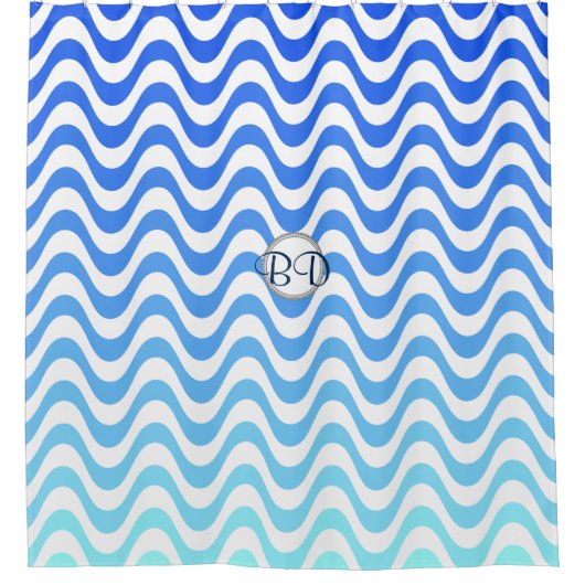 モノグラムブルー波パターン シャワーカーテン (正面)