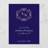 モノグラムブルー複雑なフローラ結婚フレーム 案内ポストカード (正面)