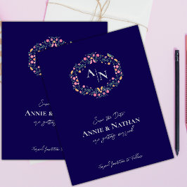 モノグラムブルー複雑なフローラ結婚フレーム 案内ポストカード