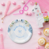 モノグラムブルー金ゴールドフローラ水彩ベビーシャワー ペーパープレート (パーティー)