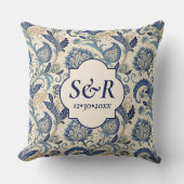 モノグラムブルー&クリームダマスク結婚フローラ クッション (正面)