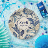 モノグラムブルー&クリームダマスク結婚フローラ ペーパープレート (パーティー)