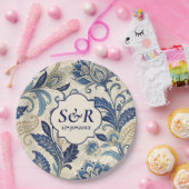 モノグラムブルー&クリームダマスク結婚フローラ ペーパープレート (パーティー)