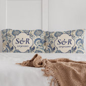 モノグラムブルー&クリームダマスク結婚フローラ 枕カバー