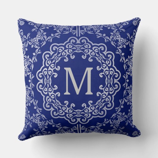 モノグラムブルー&シルバーフィリグラーモチーフ装飾用クッション クッション (裏面)