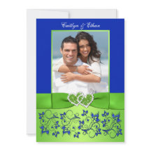 モノグラムブルー，緑のフローラ写真ウェディング招待