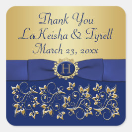 モノグラムブルー、金ゴールドフローラ結婚式の引き出物シール スクエアシール