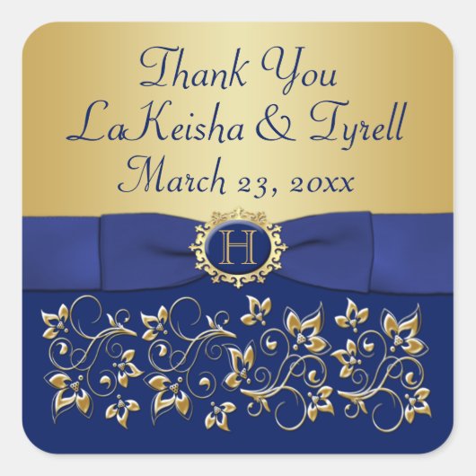 モノグラムブルー、金ゴールドフローラ結婚式の引き出物シール スクエアシール (正面)