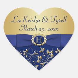 モノグラムブルー、金ゴールドフローラ結婚式の引き出物シール ハートシール