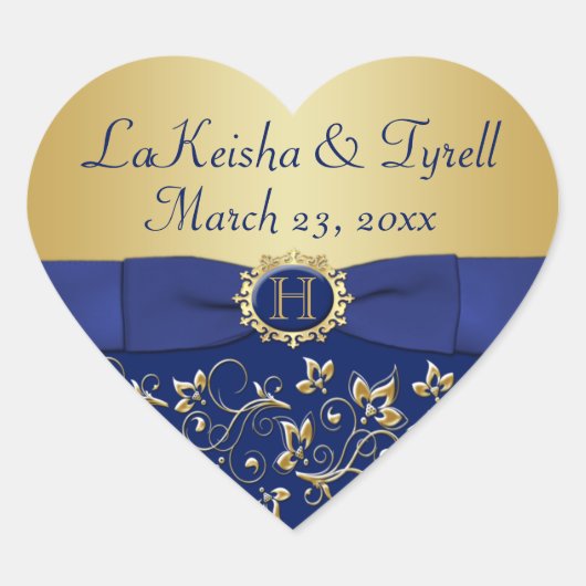モノグラムブルー、金ゴールドフローラ結婚式の引き出物シール ハートシール (正面)