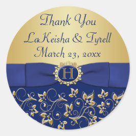 モノグラムブルー、金ゴールドフローラ結婚式の引き出物シール ラウンドシール