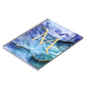 モノグラムブルー&金ゴールド流体アルコールインク抽象芸術 ノートブック (左側)